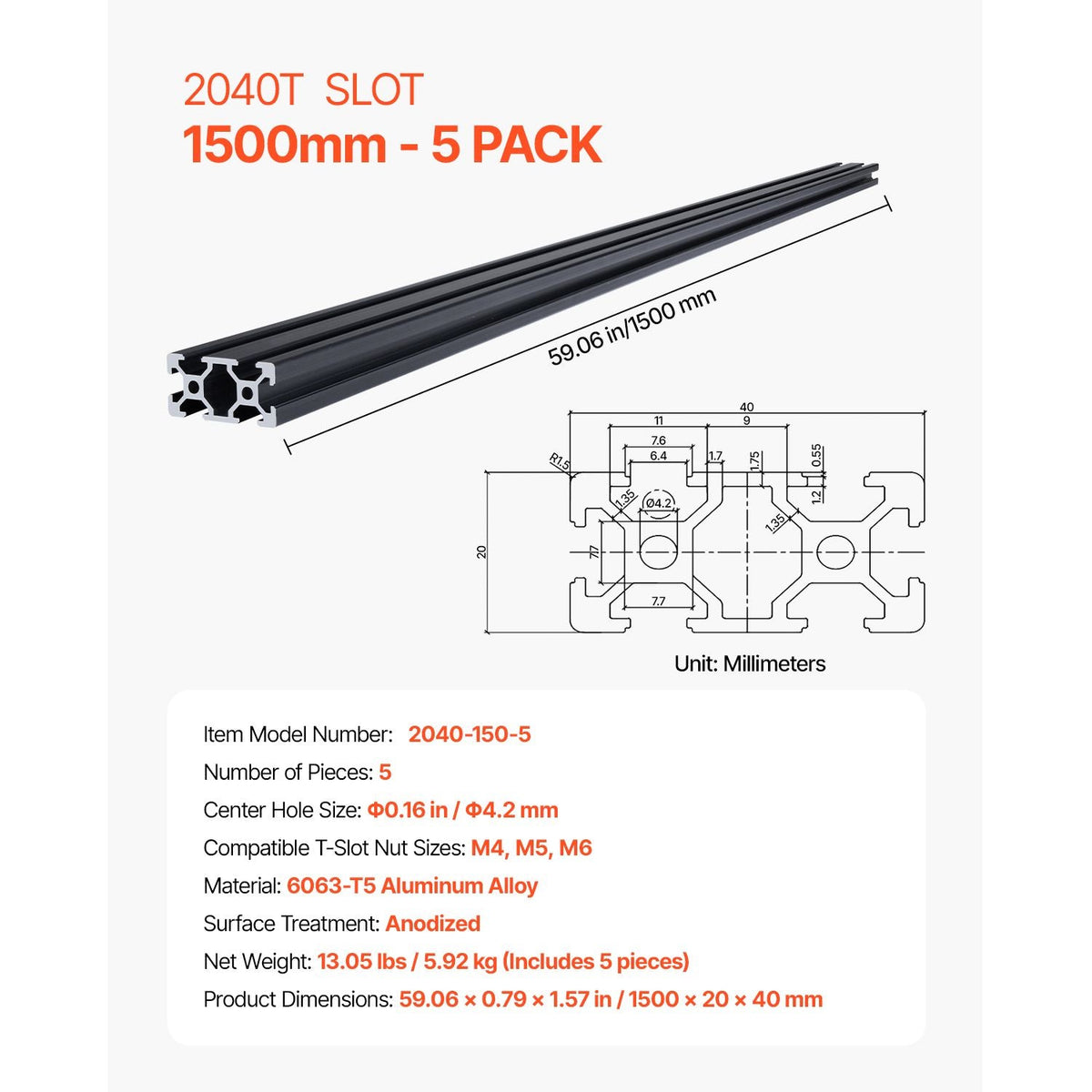 5PCS 78.7 in (2000mm) T Slot 2040 Aluminum Extrusion Profile, European Standard Anodized Linear Rail, High-Strength Extruded Aluminum Rail for 3D Printer, CNC Machine DIY, Laser Engraving, Black