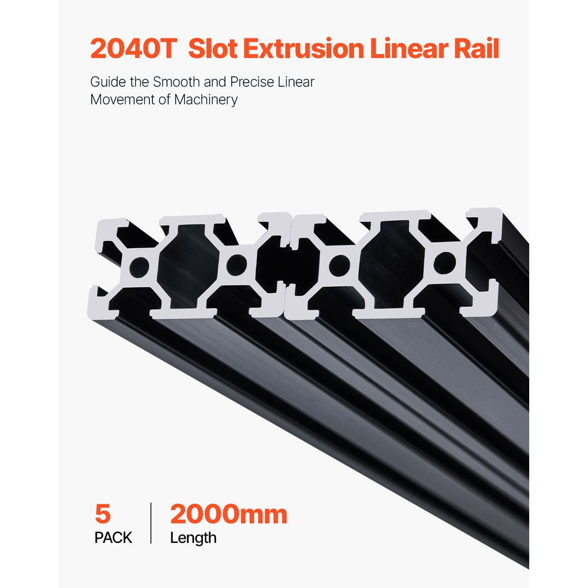 5PCS 78.7 in (2000mm) T Slot 2040 Aluminum Extrusion Profile, European Standard Anodized Linear Rail, High-Strength Extruded Aluminum Rail for 3D Printer, CNC Machine DIY, Laser Engraving, Black