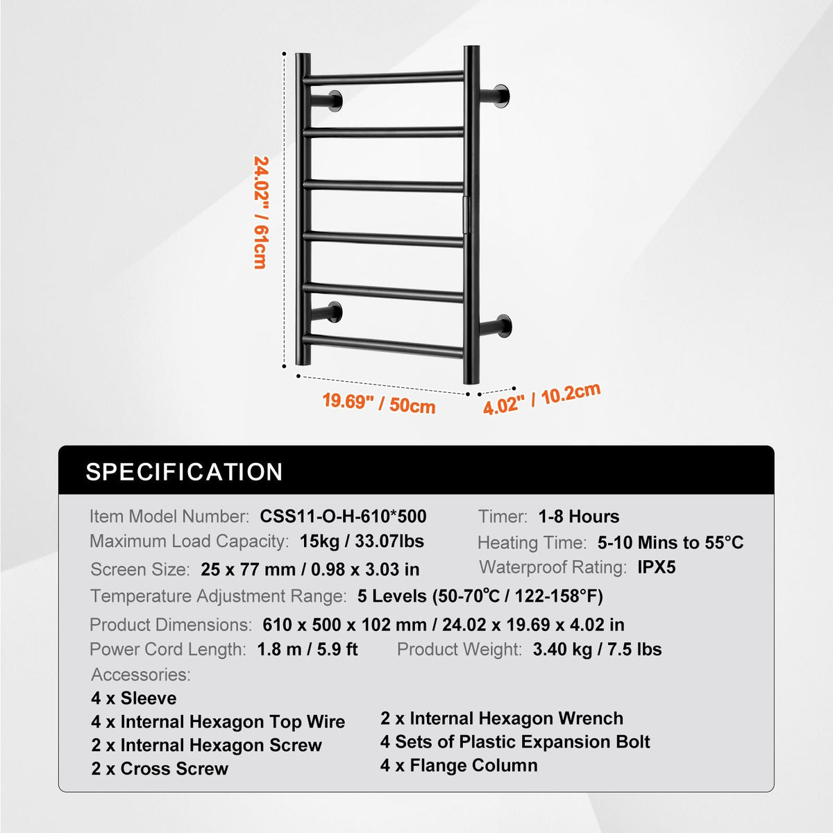 6 Bars Towel Warmer Rack, Wall Mounted Heated Towel Rack for Bathroom, IPX5 Waterpoof Towel Heater Rack with Timer & LED Display Screen, 5 Levels Adjustable Temperature Towel Heater, Black