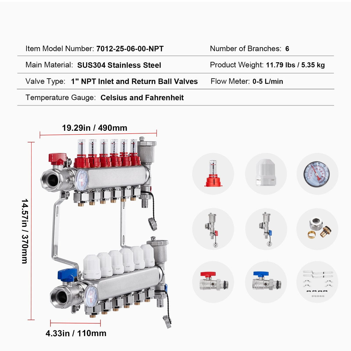 6-Branch Radiant Heat Manifold, 1/2" PEX Tubing Manifold, Stainless Steel PEX Manifold for Hydronic Radiant Floor Heating, Radiant Heat PEX Manifold Kit with 1/2" Adapters Included