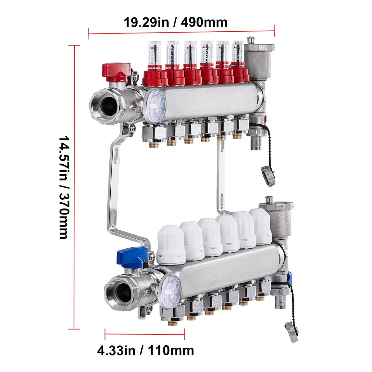 6-Branch Radiant Heat Manifold, 1/2" PEX Tubing Manifold, Stainless Steel PEX Manifold for Hydronic Radiant Floor Heating, Radiant Heat PEX Manifold Kit with 1/2" Adapters Included