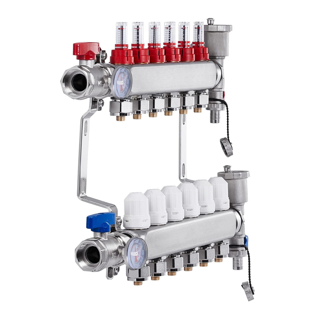 6-Branch Radiant Heat Manifold, 1/2" PEX Tubing Manifold, Stainless Steel PEX Manifold for Hydronic Radiant Floor Heating, Radiant Heat PEX Manifold Kit with 1/2" Adapters Included