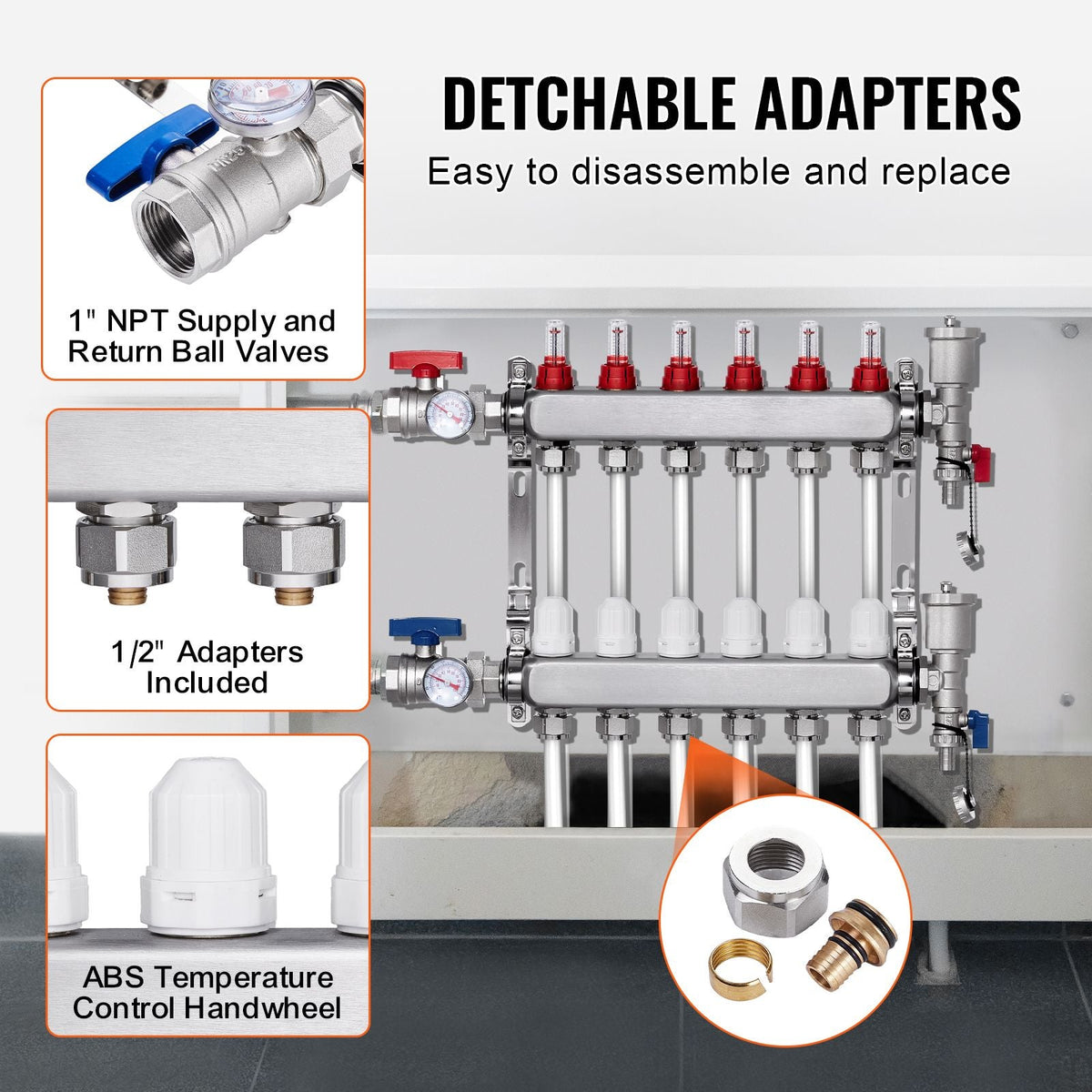 6-Branch Radiant Heat Manifold, 1/2" PEX Tubing Manifold, Stainless Steel PEX Manifold for Hydronic Radiant Floor Heating, Radiant Heat PEX Manifold Kit with 1/2" Adapters Included