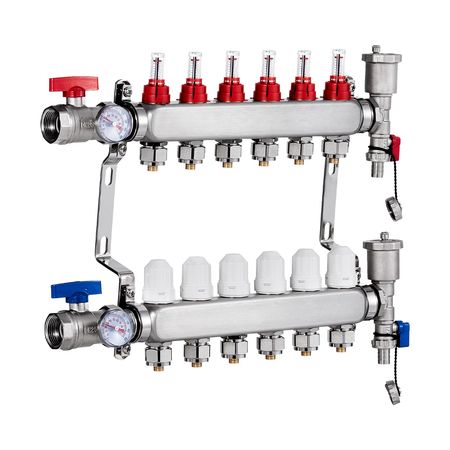 6-Branch Radiant Heat Manifold, 1/2" PEX Tubing Manifold, Stainless Steel PEX Manifold for Hydronic Radiant Floor Heating, Radiant Heat PEX Manifold Kit with 1/2" Adapters Included