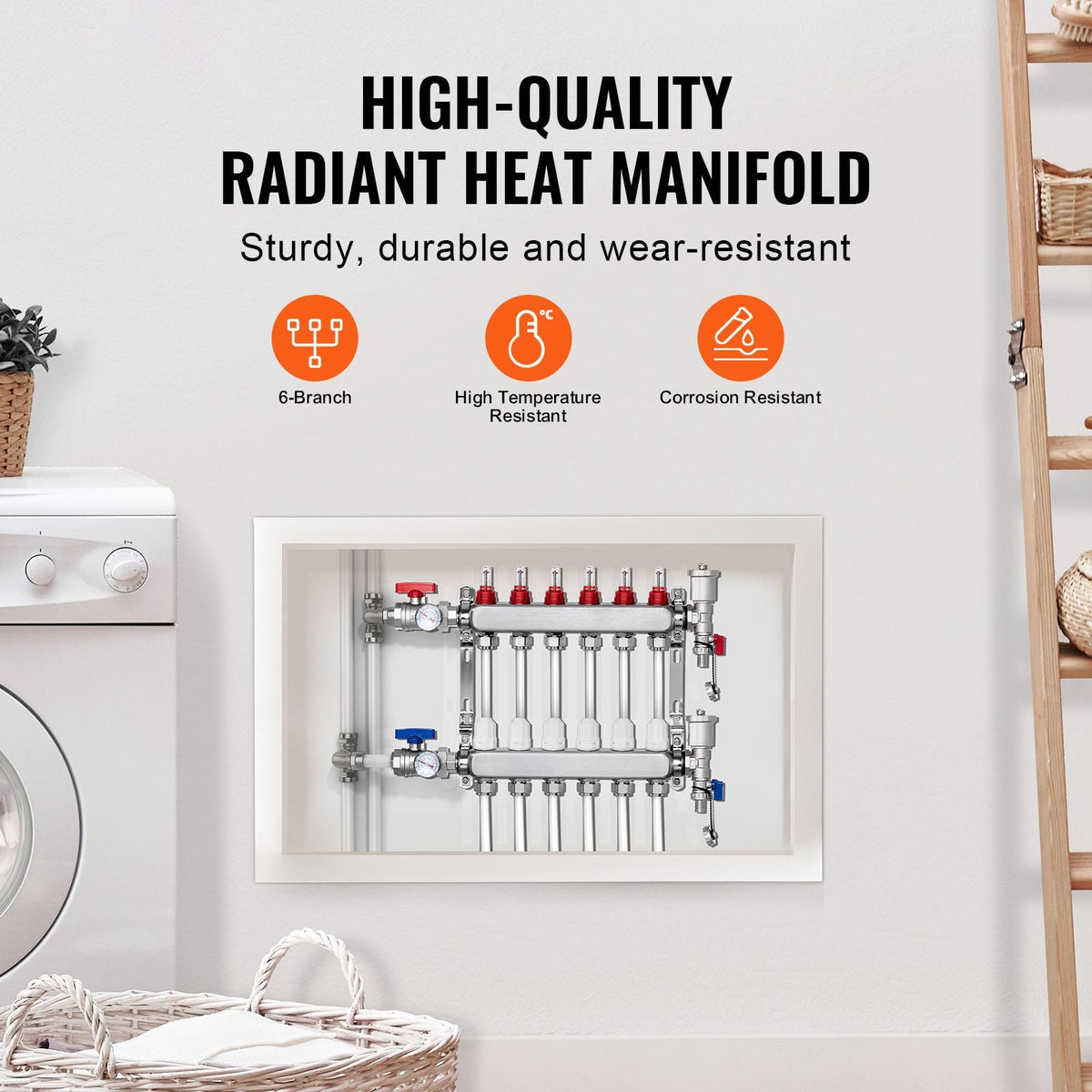 6-Branch Radiant Heat Manifold, 1/2" PEX Tubing Manifold, Stainless Steel PEX Manifold for Hydronic Radiant Floor Heating, Radiant Heat PEX Manifold Kit with 1/2" Adapters Included
