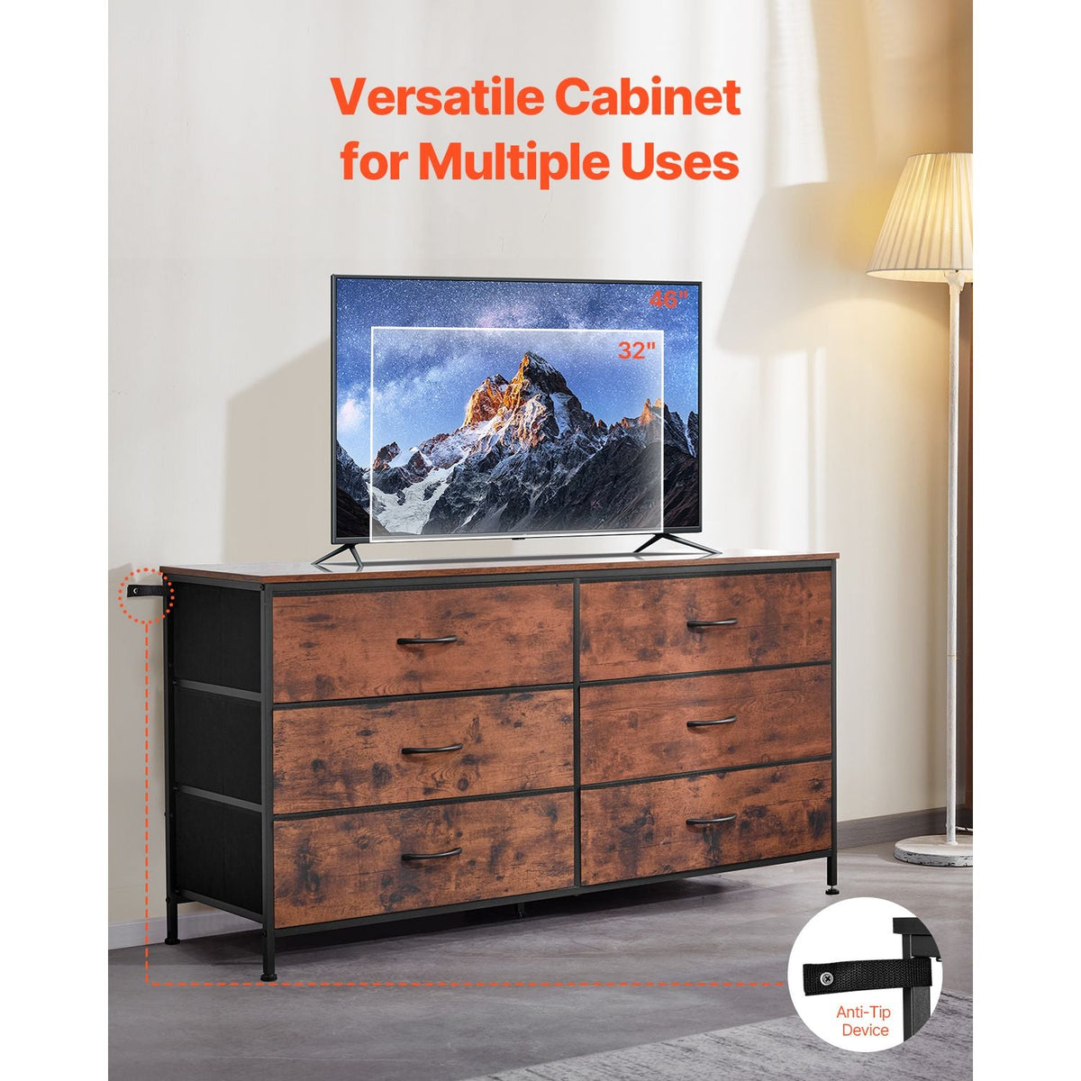 6 Drawer Dresser, Tall Chest Organizer Drawer Dresser, TV Stand with Storage, Closet Storage Drawers with Sturdy Steel Frame, Fabric Storage Tower for Bedroom, Hallway, Closet, Rustic Brown