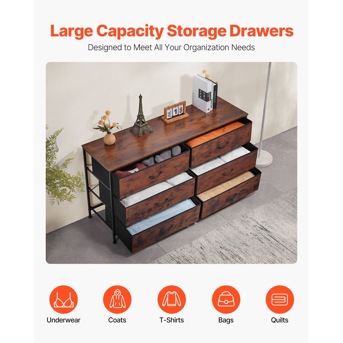 6 Drawer Dresser, Tall Chest Organizer Drawer Dresser, TV Stand with Storage, Closet Storage Drawers with Sturdy Steel Frame, Fabric Storage Tower for Bedroom, Hallway, Closet, Rustic Brown