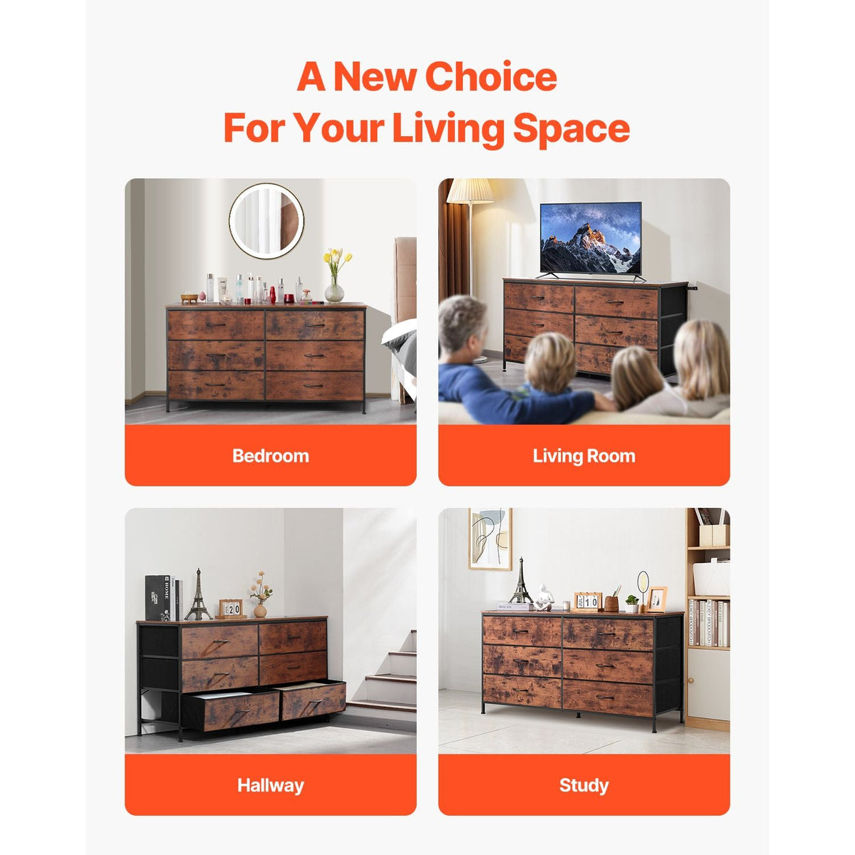 6 Drawer Dresser, Tall Chest Organizer Drawer Dresser, TV Stand with Storage, Closet Storage Drawers with Sturdy Steel Frame, Fabric Storage Tower for Bedroom, Hallway, Closet, Rustic Brown