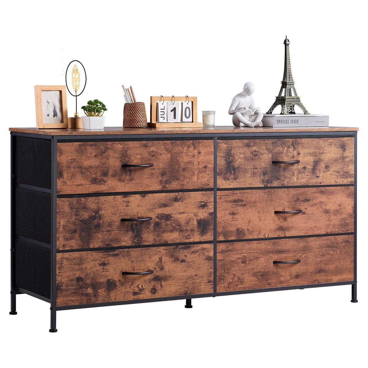 6 Drawer Dresser, Tall Chest Organizer Drawer Dresser, TV Stand with Storage, Closet Storage Drawers with Sturdy Steel Frame, Fabric Storage Tower for Bedroom, Hallway, Closet, Rustic Brown