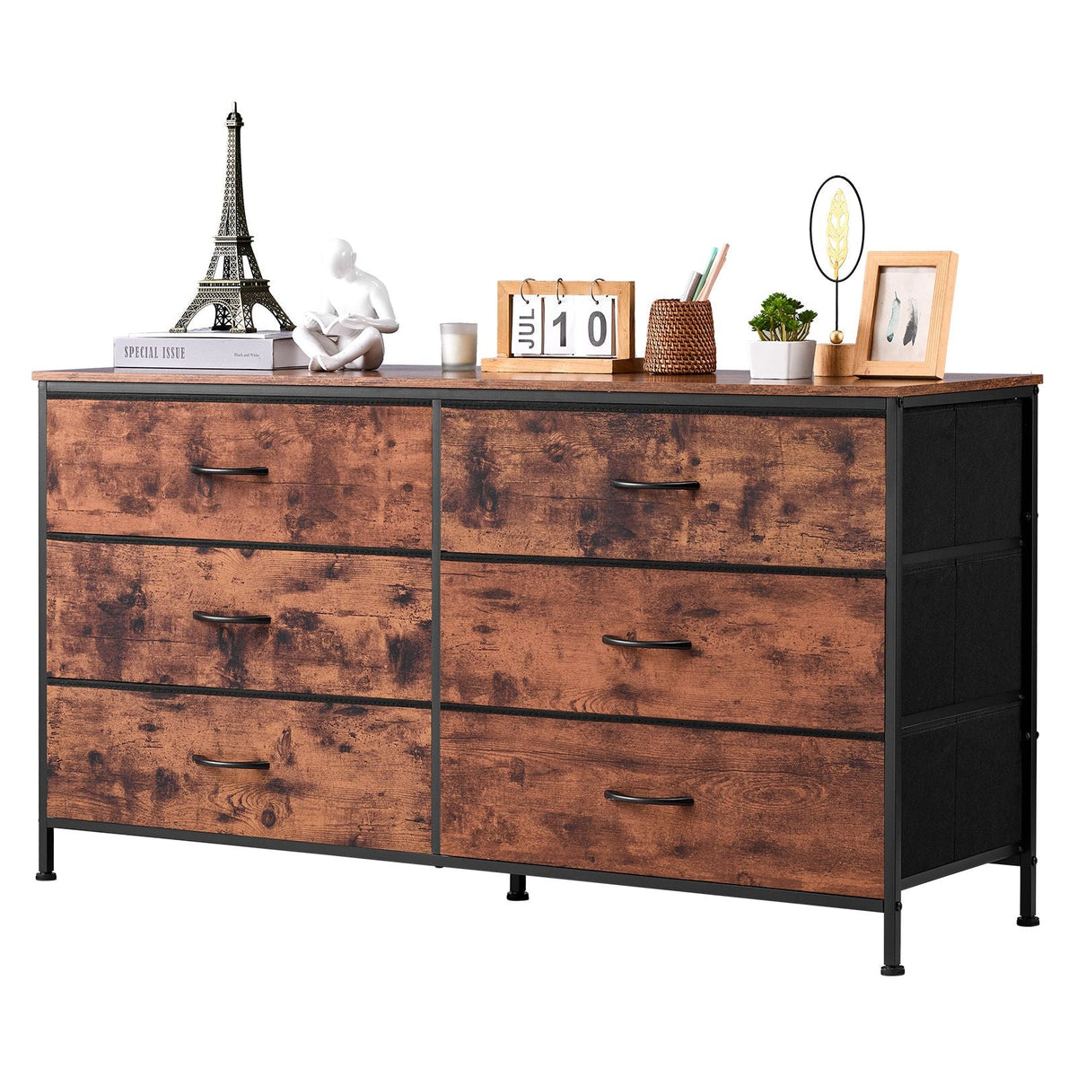 6 Drawer Dresser, Tall Chest Organizer Drawer Dresser, TV Stand with Storage, Closet Storage Drawers with Sturdy Steel Frame, Fabric Storage Tower for Bedroom, Hallway, Closet, Rustic Brown