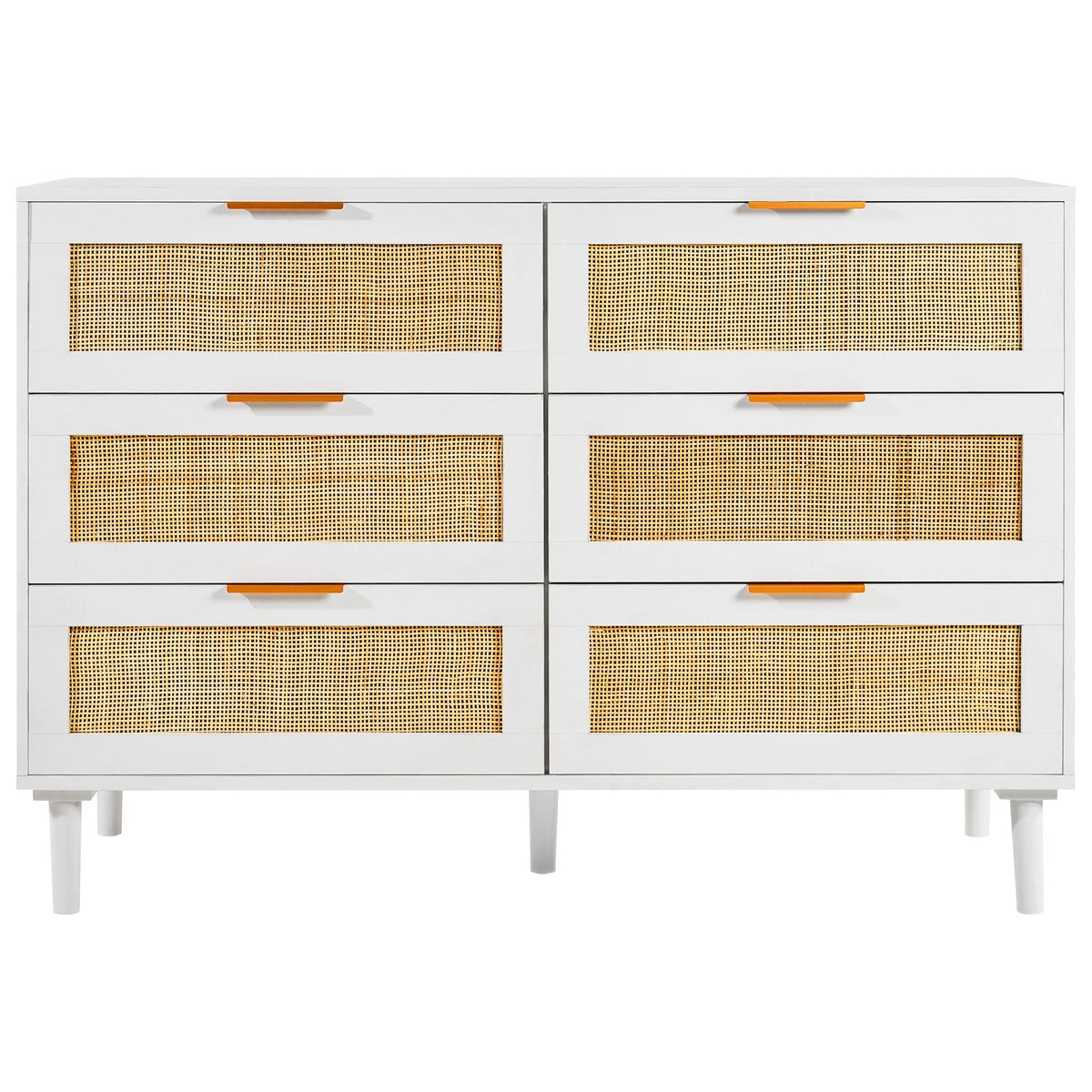 6 Drawer Rattan Dresser, Boho Dresser, Rattan Chest of Drawers with Spacious Storage, Natural Rattan Dresser for Bedroom, Living Room & Hallway,Rattan Nightstand with Sturdy Handles&Legs, White