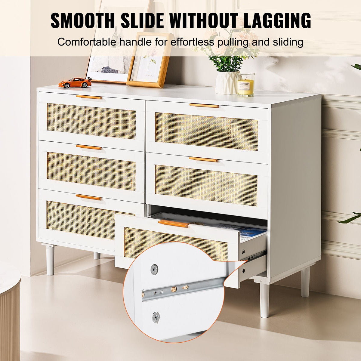 6 Drawer Rattan Dresser, Boho Dresser, Rattan Chest of Drawers with Spacious Storage, Natural Rattan Dresser for Bedroom, Living Room & Hallway,Rattan Nightstand with Sturdy Handles&Legs, White