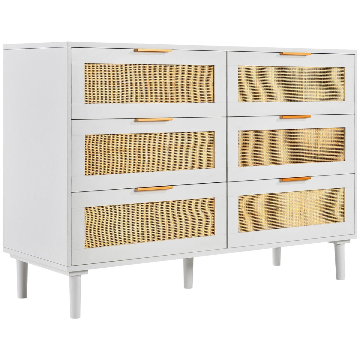 6 Drawer Rattan Dresser, Boho Dresser, Rattan Chest of Drawers with Spacious Storage, Natural Rattan Dresser for Bedroom, Living Room & Hallway,Rattan Nightstand with Sturdy Handles&Legs, White