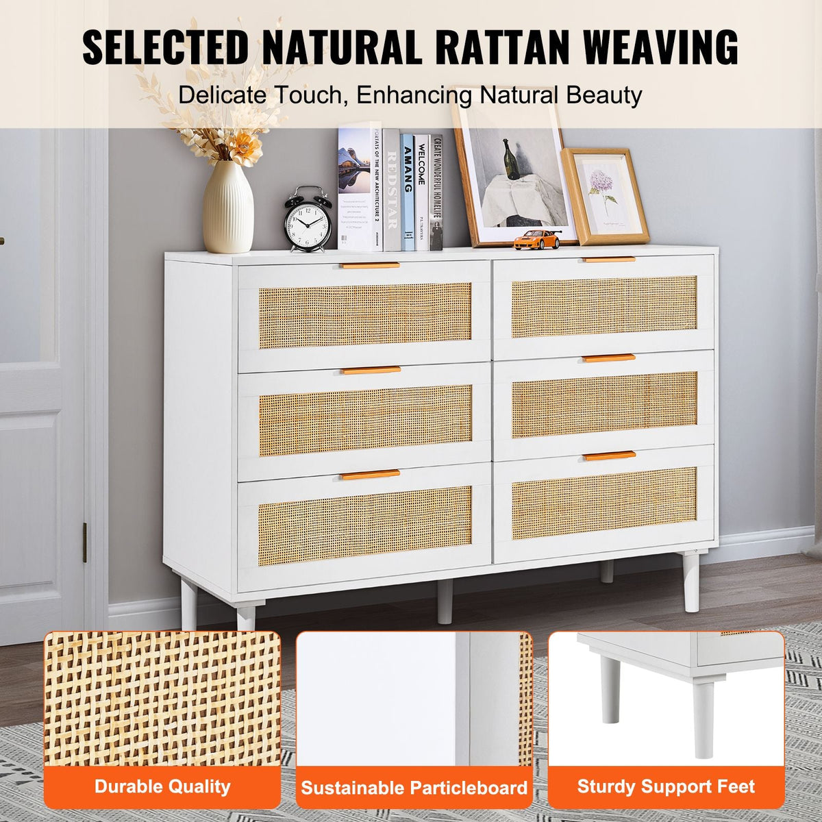 6 Drawer Rattan Dresser, Boho Dresser, Rattan Chest of Drawers with Spacious Storage, Natural Rattan Dresser for Bedroom, Living Room & Hallway,Rattan Nightstand with Sturdy Handles&Legs, White