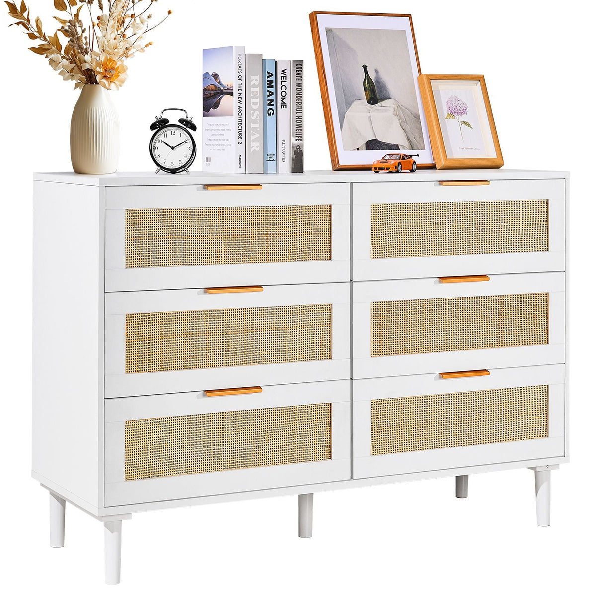 6 Drawer Rattan Dresser, Boho Dresser, Rattan Chest of Drawers with Spacious Storage, Natural Rattan Dresser for Bedroom, Living Room & Hallway,Rattan Nightstand with Sturdy Handles&Legs, White