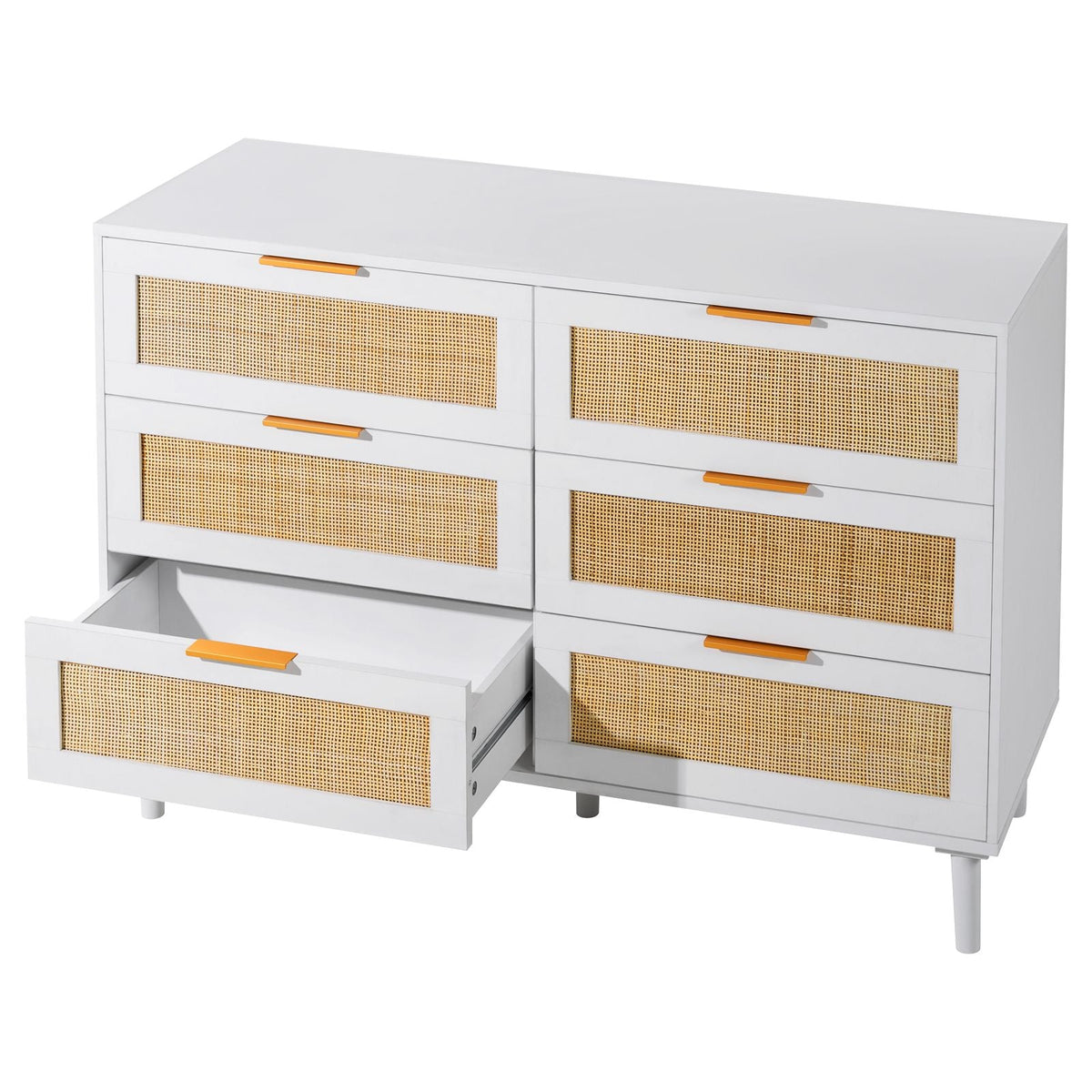 6 Drawer Rattan Dresser, Boho Dresser, Rattan Chest of Drawers with Spacious Storage, Natural Rattan Dresser for Bedroom, Living Room & Hallway,Rattan Nightstand with Sturdy Handles&Legs, White