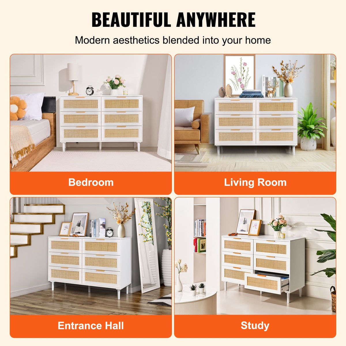 6 Drawer Rattan Dresser, Boho Dresser, Rattan Chest of Drawers with Spacious Storage, Natural Rattan Dresser for Bedroom, Living Room & Hallway,Rattan Nightstand with Sturdy Handles&Legs, White