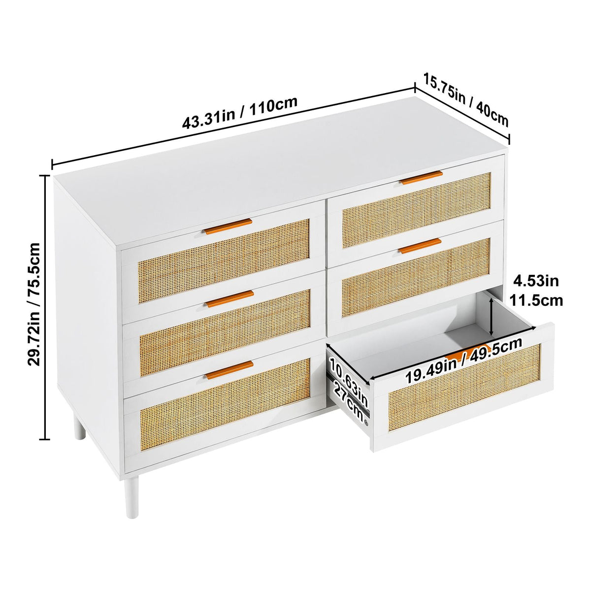 6 Drawer Rattan Dresser, Boho Dresser, Rattan Chest of Drawers with Spacious Storage, Natural Rattan Dresser for Bedroom, Living Room & Hallway,Rattan Nightstand with Sturdy Handles&Legs, White