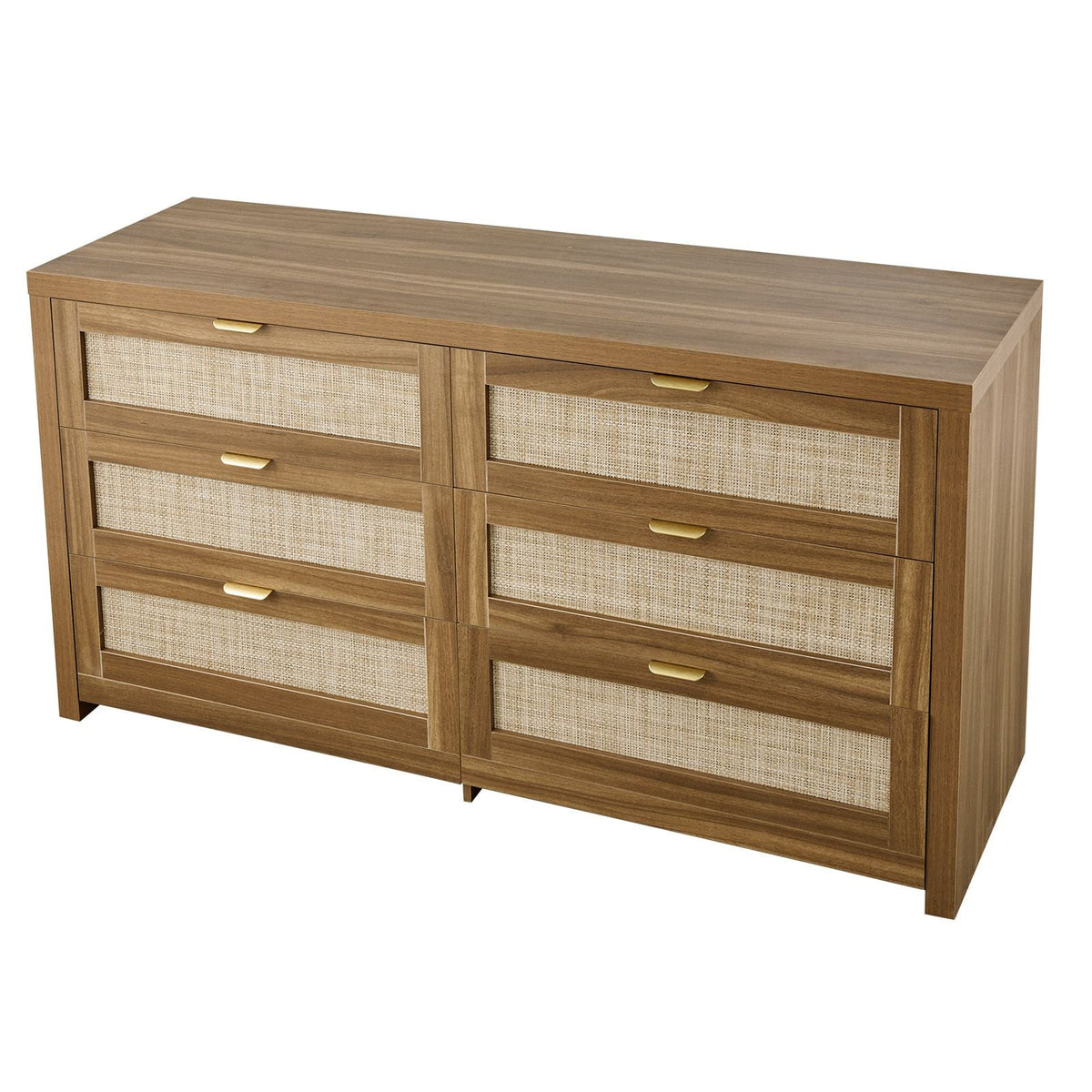 6 Drawer Rattan Dresser, Double Dresser for Bedroom, Natural Rattan Chest of Drawer with Metal Handle, Modern Wood Chest Clothing Organizer & Storage for Bedroom, Living Room, Hallway, Walnut