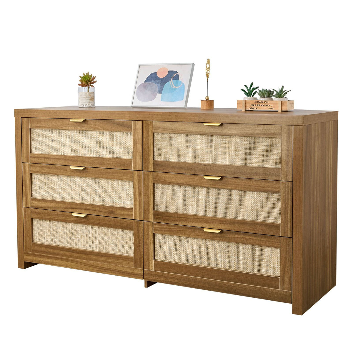 6 Drawer Rattan Dresser, Double Dresser for Bedroom, Natural Rattan Chest of Drawer with Metal Handle, Modern Wood Chest Clothing Organizer & Storage for Bedroom, Living Room, Hallway, Walnut