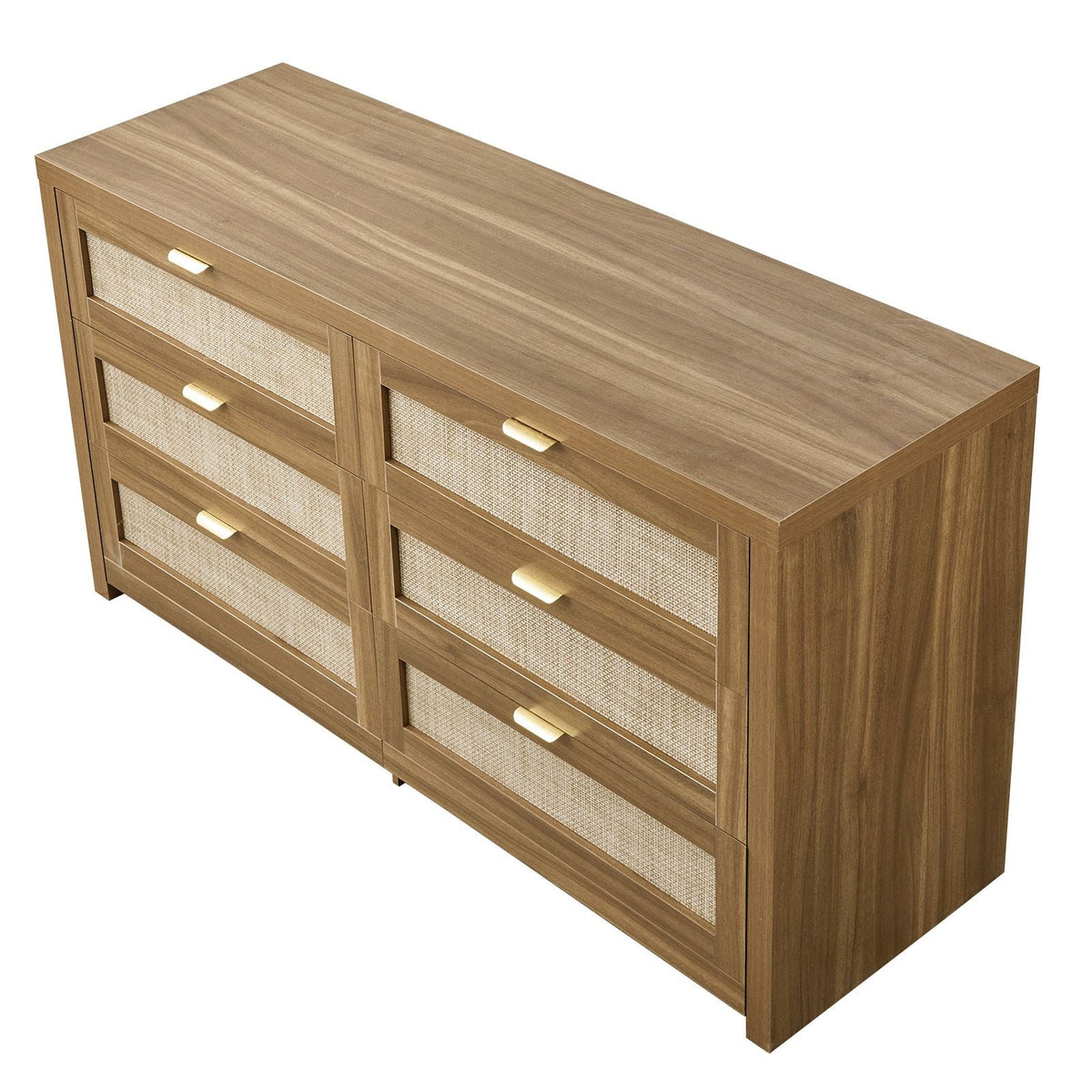 6 Drawer Rattan Dresser, Double Dresser for Bedroom, Natural Rattan Chest of Drawer with Metal Handle, Modern Wood Chest Clothing Organizer & Storage for Bedroom, Living Room, Hallway, Walnut