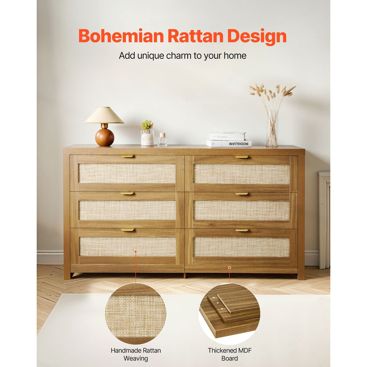6 Drawer Rattan Dresser, Double Dresser for Bedroom, Natural Rattan Chest of Drawer with Metal Handle, Modern Wood Chest Clothing Organizer & Storage for Bedroom, Living Room, Hallway, Walnut