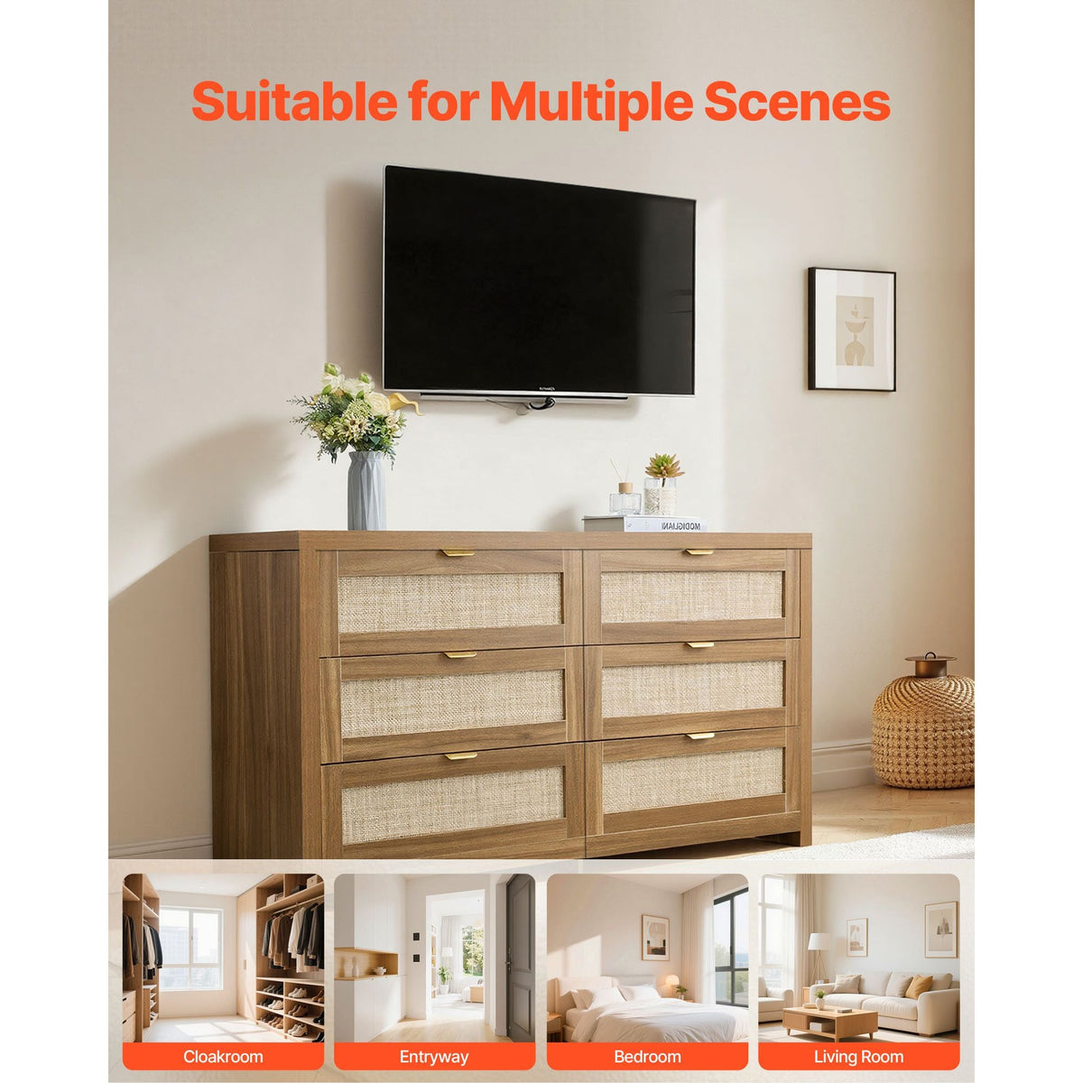 6 Drawer Rattan Dresser, Double Dresser for Bedroom, Natural Rattan Chest of Drawer with Metal Handle, Modern Wood Chest Clothing Organizer & Storage for Bedroom, Living Room, Hallway, Walnut