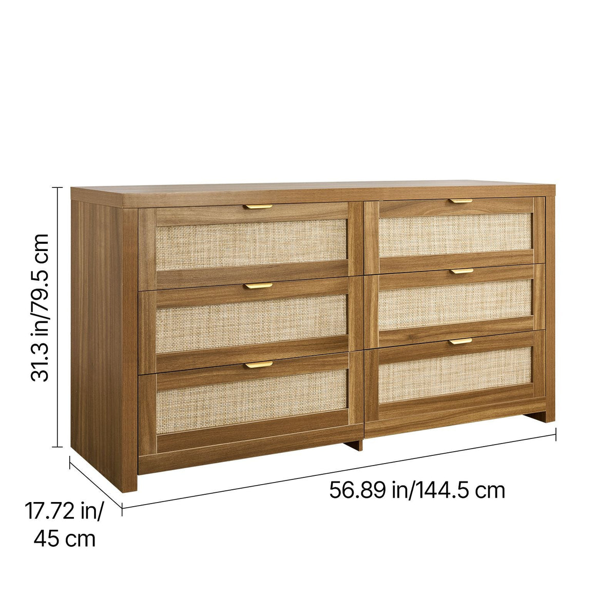 6 Drawer Rattan Dresser, Double Dresser for Bedroom, Natural Rattan Chest of Drawer with Metal Handle, Modern Wood Chest Clothing Organizer & Storage for Bedroom, Living Room, Hallway, Walnut