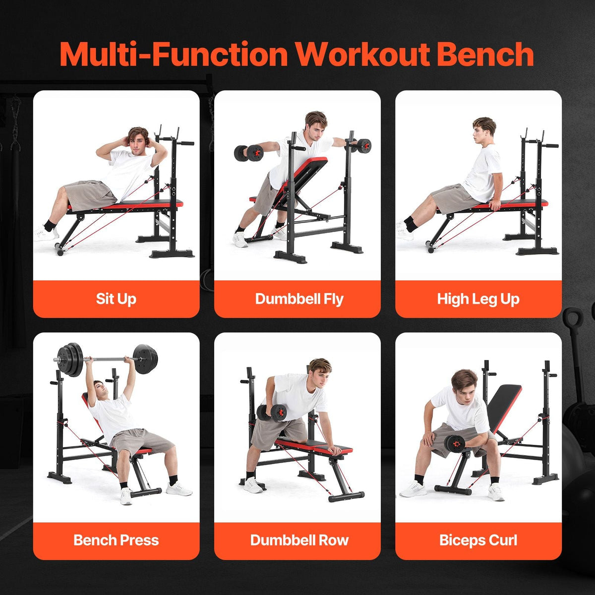 6-in-1 Weight Bench Set, 600lbs Adjustable Workout Bench Press, Exercise Sit up Bench for Home Gym Strength Training, Quick Folding Incline Decline Flat Bench