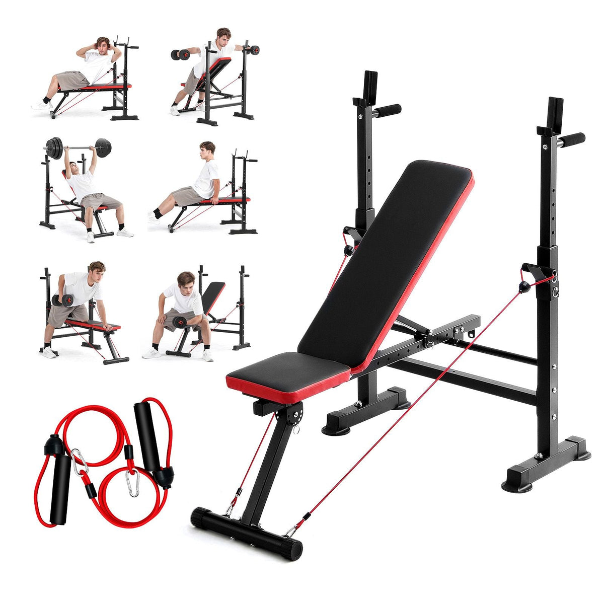 6-in-1 Weight Bench Set, 600lbs Adjustable Workout Bench Press, Exercise Sit up Bench for Home Gym Strength Training, Quick Folding Incline Decline Flat Bench