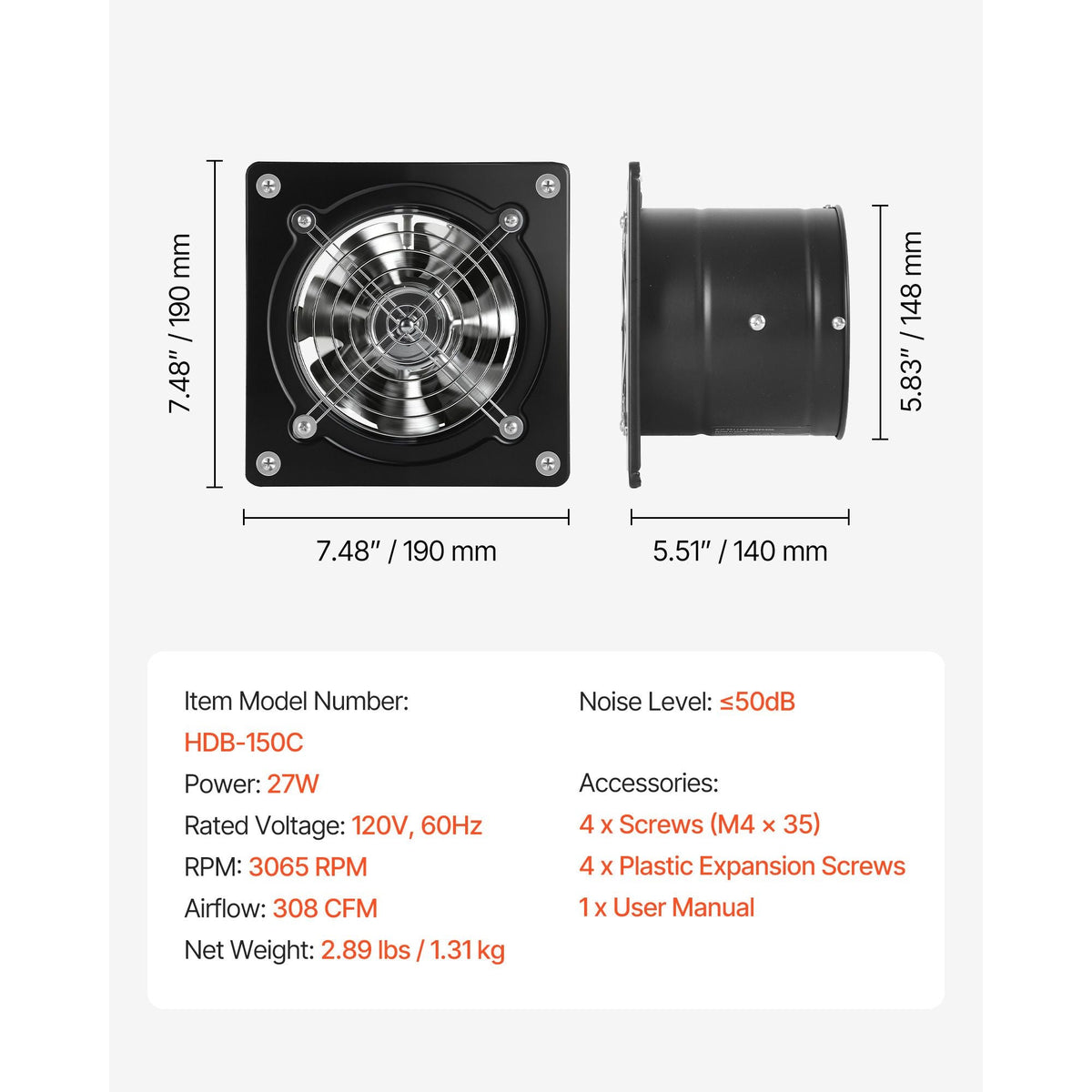 6 Inch Exhaust Fan, 308 CFM High Velocity Wall Mount Vent Fan with On/Off Control, Low Consumption, Portable Ventilation Extractor for Attic,Garage,Basement,Workshop,Kitchen, Chicken Coop,Black