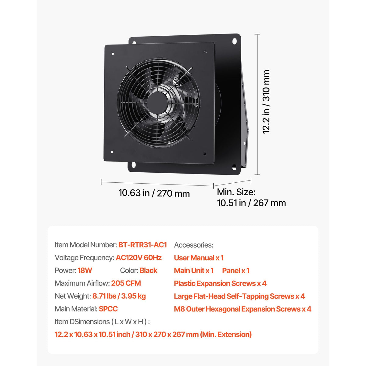 6 inch Through-The-Wall Ventilation Fan, 205 CFM Through Wall Exhaust Fan with AC Motor, Quiet Vent Easy Installation for Bathroom,Garage,Laundry Room,Storage Room Air Exchanger