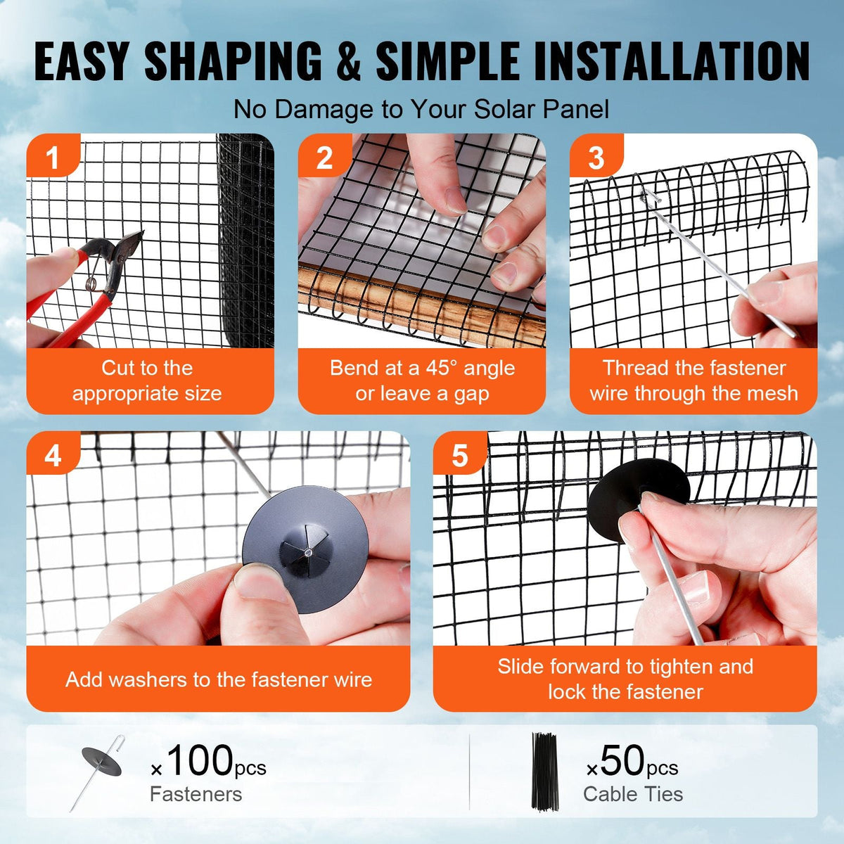 6 inch x 100ft Solar Panel Bird Guard, Critter Guard Roll Kit with 100pcs Aluminum Alloy Fasteners, Solar Panel Guard with Rust-proof PVC Coating, 1/2 inch Wire Roll Mesh