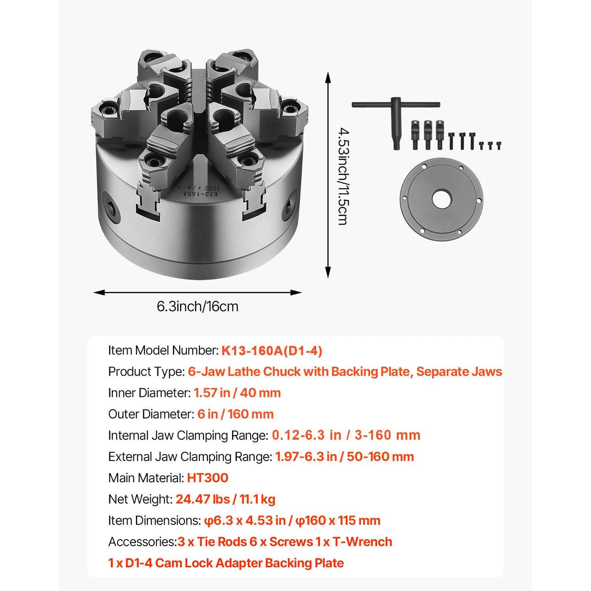 6-Jaw Lathe Chuck, 6 Inch (160 mm), Self-Centering Chuck with D1-4 Cam Lock Backing Plate, 0.12-5.71 in (3-145 mm) Clamping Range with T-wrench Screws, HT300 Material, for Wood Metal Lathe