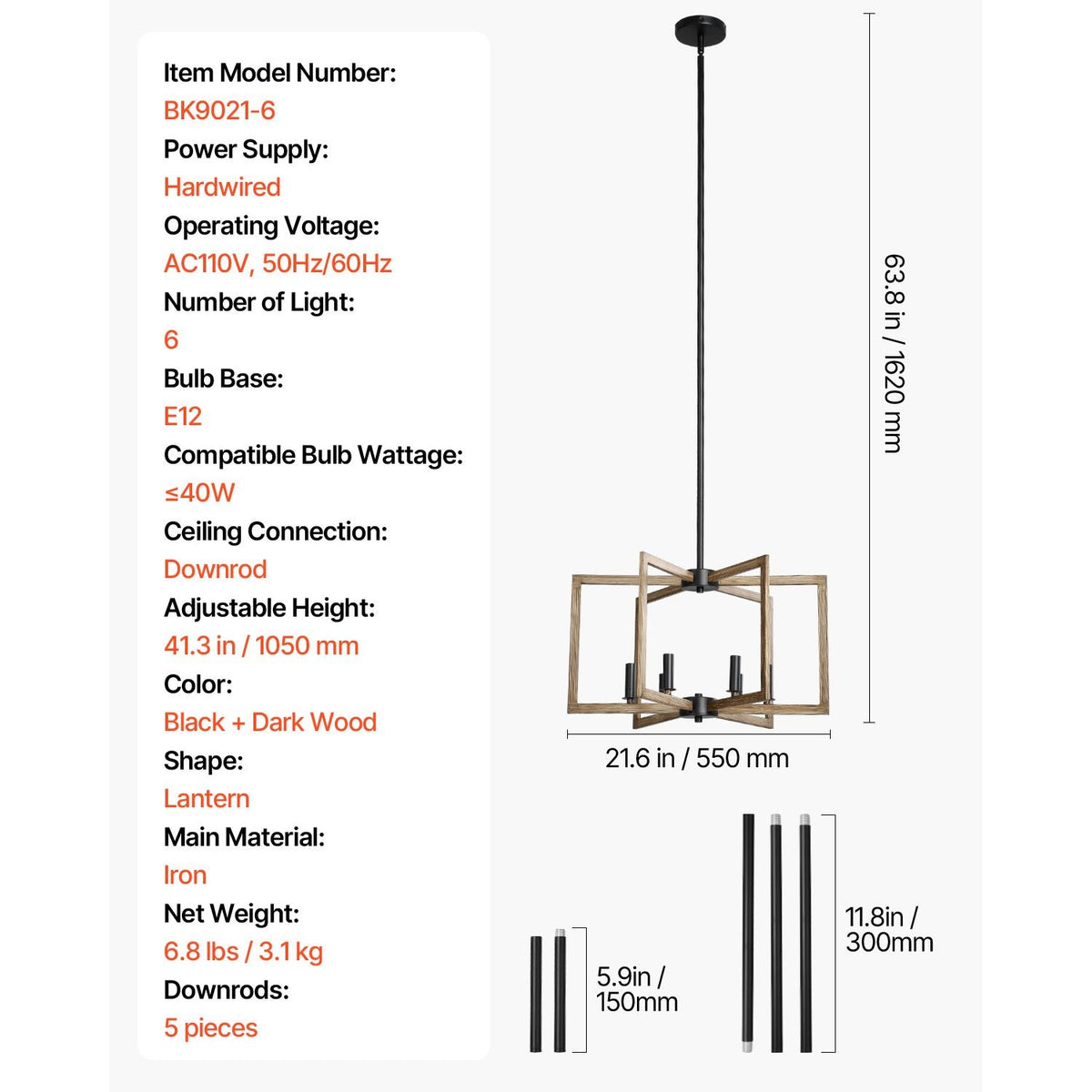 6-Light Chandelier, Metal Farmhouse Chandelier, Adjustable Height, Dining Room Hanging Light Fixture for Ceilings, Modern Chandelier for Bedroom, Foyer, Hall, Kitchen, Living Room and Entryway