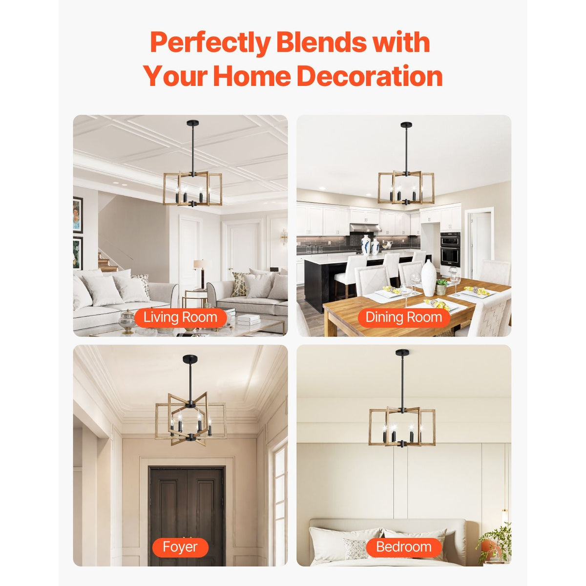 6-Light Chandelier, Metal Farmhouse Chandelier, Adjustable Height, Dining Room Hanging Light Fixture for Ceilings, Modern Chandelier for Bedroom, Foyer, Hall, Kitchen, Living Room and Entryway