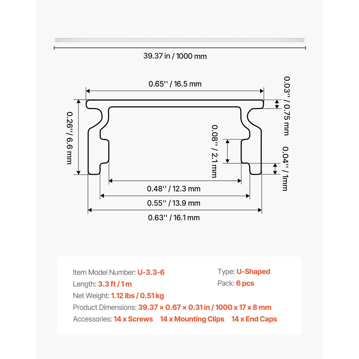 6-Pack 3.3 ft/1M U Shape LED Aluminum Channel, with Milky Cover, End Caps and Mounting Clips, Aluminum Profile for LED Strip Light Installations, Easy Installation, for Under Cabinet Counter