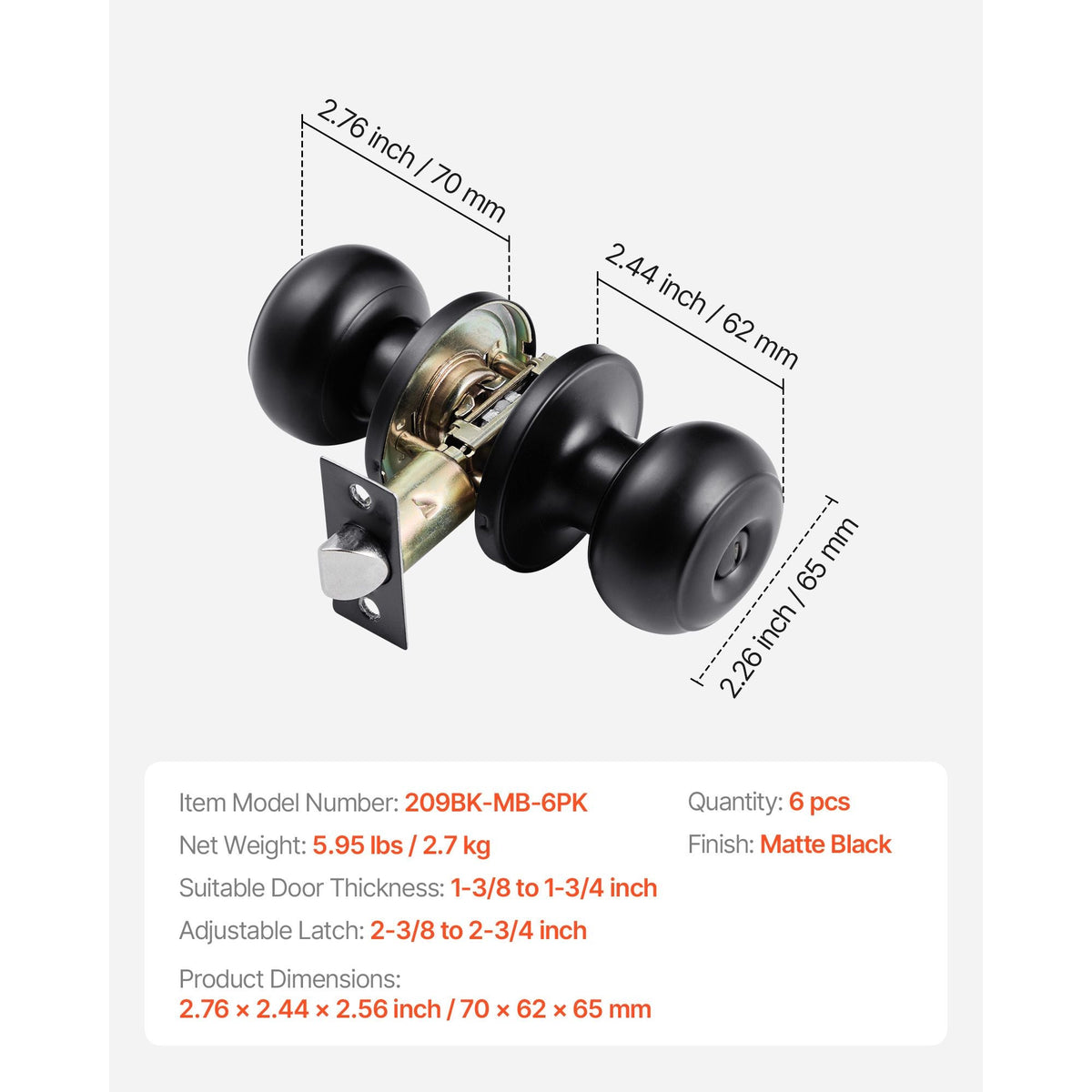 6 Pack Black Door Knobs, Privacy Door Knob with Round Ball, Keyless Exterior & Thumb Turn Lock Interior, All Metal Doorknobs Hardware, Matte Black Modern Design for Bedroom & Bathroom
