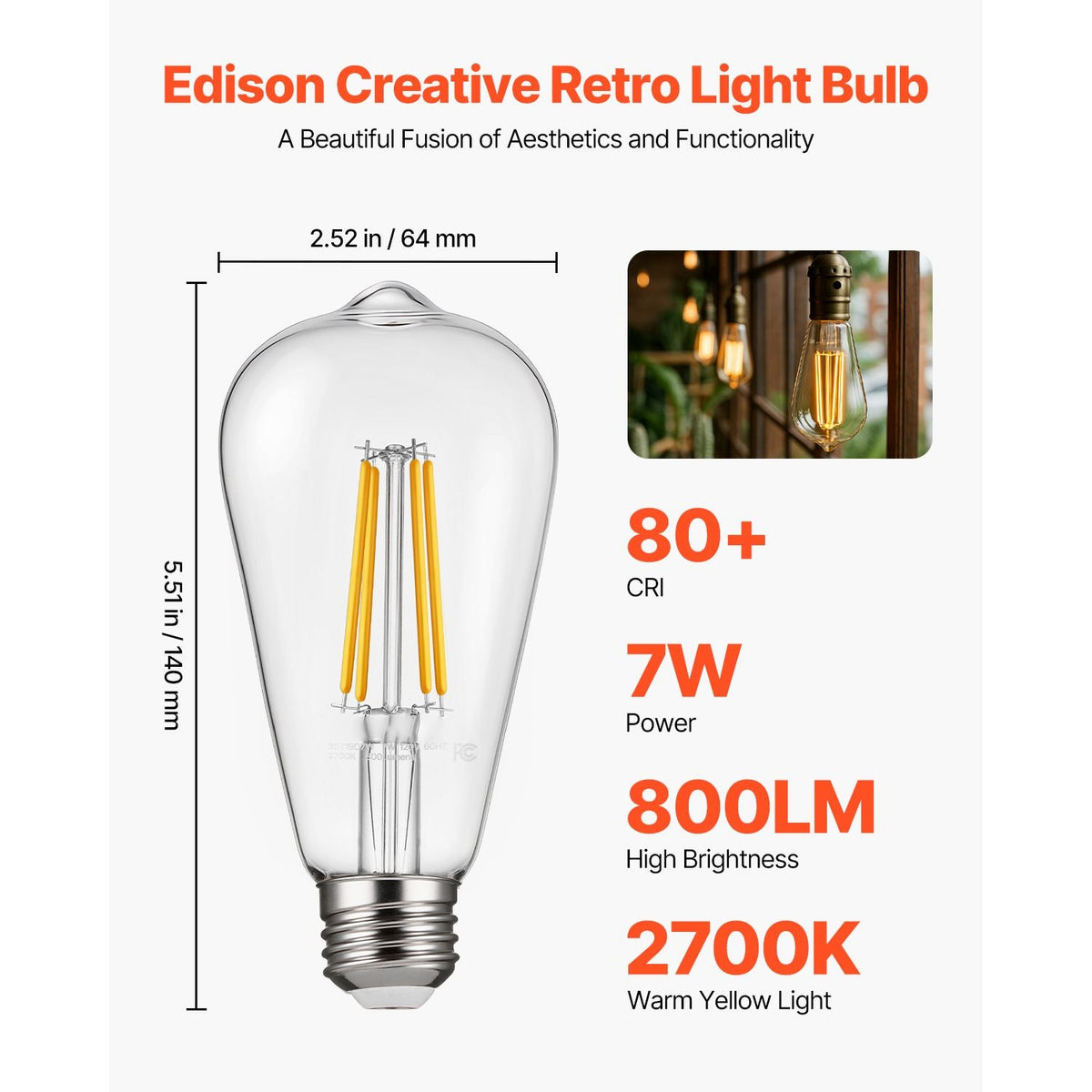 6 Pack Edison Bulbs LED, ST19 Vintage Edison Light Bulbs, 7W Dimmable 800 Lumens, 2700K Warm White, E26 Base LED Filament Bulb, Antique Glass Style for Home, Bedroom, Office, Farmhouse