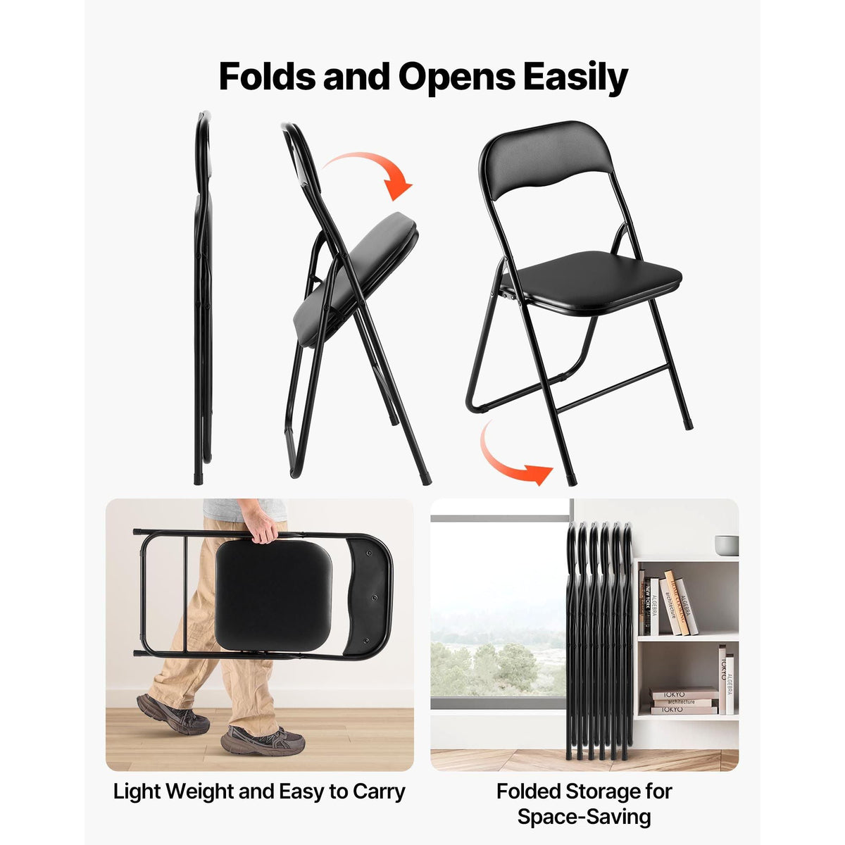 6 Pack Folding Chairs, Foldable Leather Chairs with Heavy Duty Metal Frame & Padded Cushion, Portable Folding Card Table Chairs, Stackable Seats for Home, Yard, Garden, Parties, Events, Black