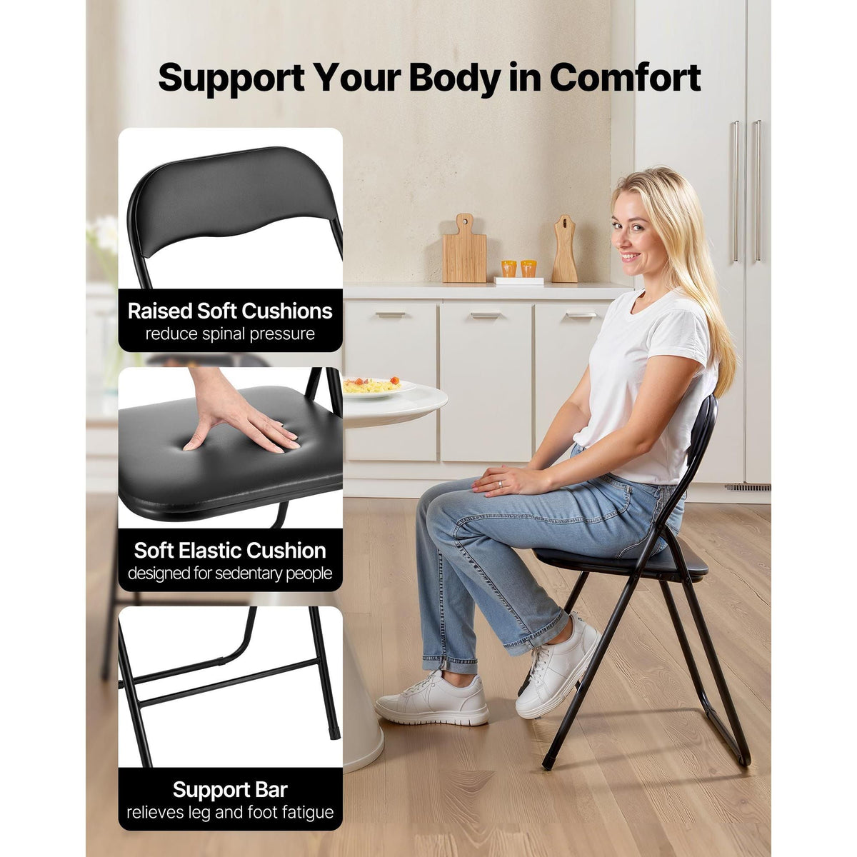 6 Pack Folding Chairs, Foldable Leather Chairs with Heavy Duty Metal Frame & Padded Cushion, Portable Folding Card Table Chairs, Stackable Seats for Home, Yard, Garden, Parties, Events, Black
