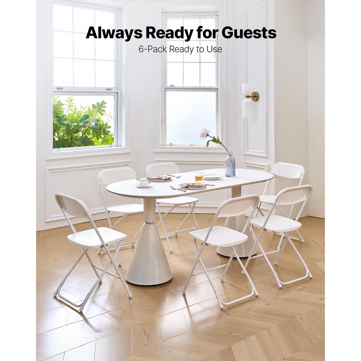 6 Pack Folding Chairs, Foldable Plastic Chairs with Heavy Duty Metal Frame, Portable Folding Card Table Chairs, Stackable Indoor Outdoor Seats for Home, Yard, Garden, Parties, Events, White