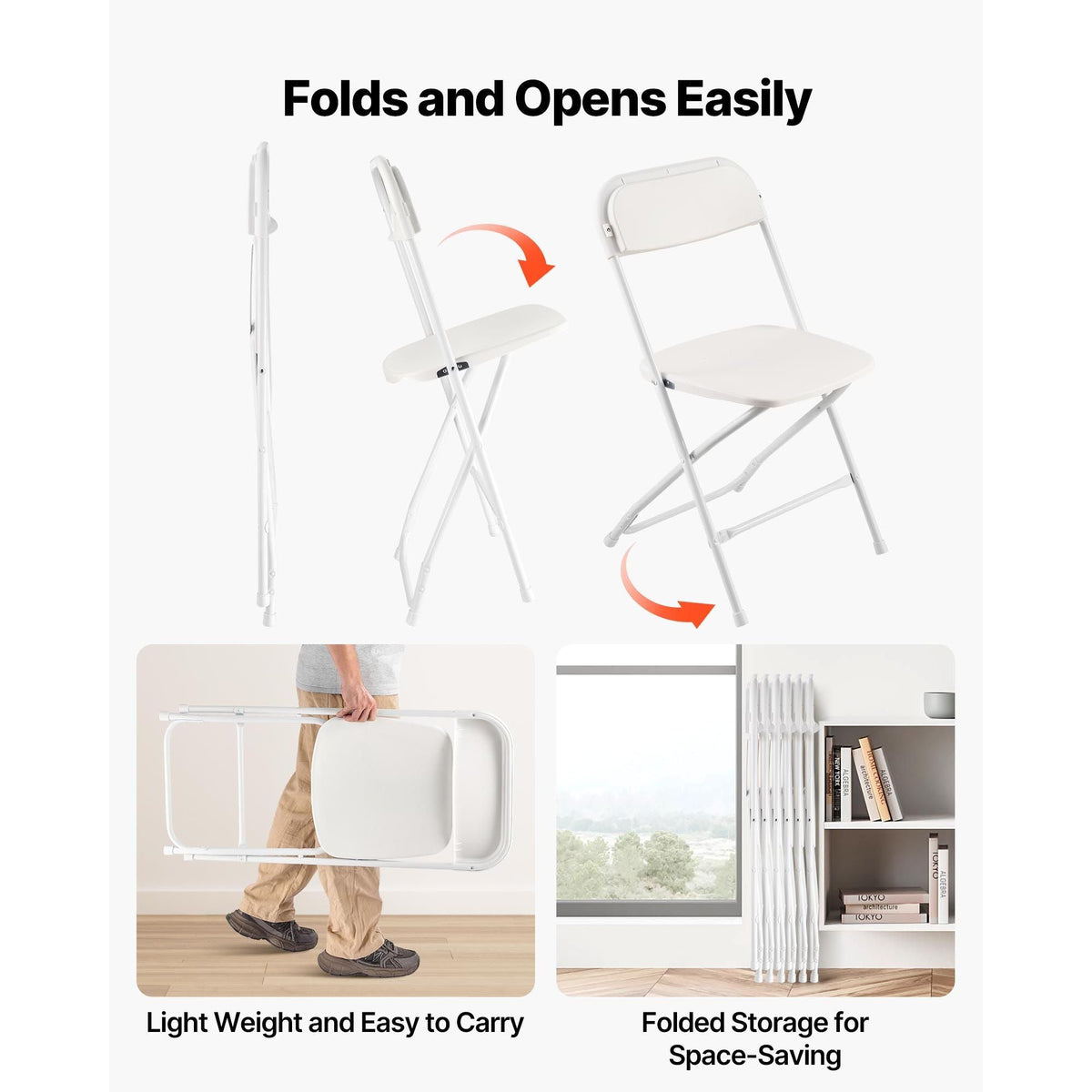6 Pack Folding Chairs, Foldable Plastic Chairs with Heavy Duty Metal Frame, Portable Folding Card Table Chairs, Stackable Indoor Outdoor Seats for Home, Yard, Garden, Parties, Events, White