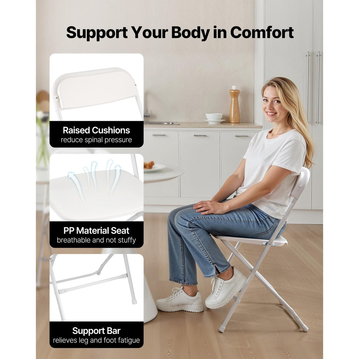 6 Pack Folding Chairs, Foldable Plastic Chairs with Heavy Duty Metal Frame, Portable Folding Card Table Chairs, Stackable Indoor Outdoor Seats for Home, Yard, Garden, Parties, Events, White