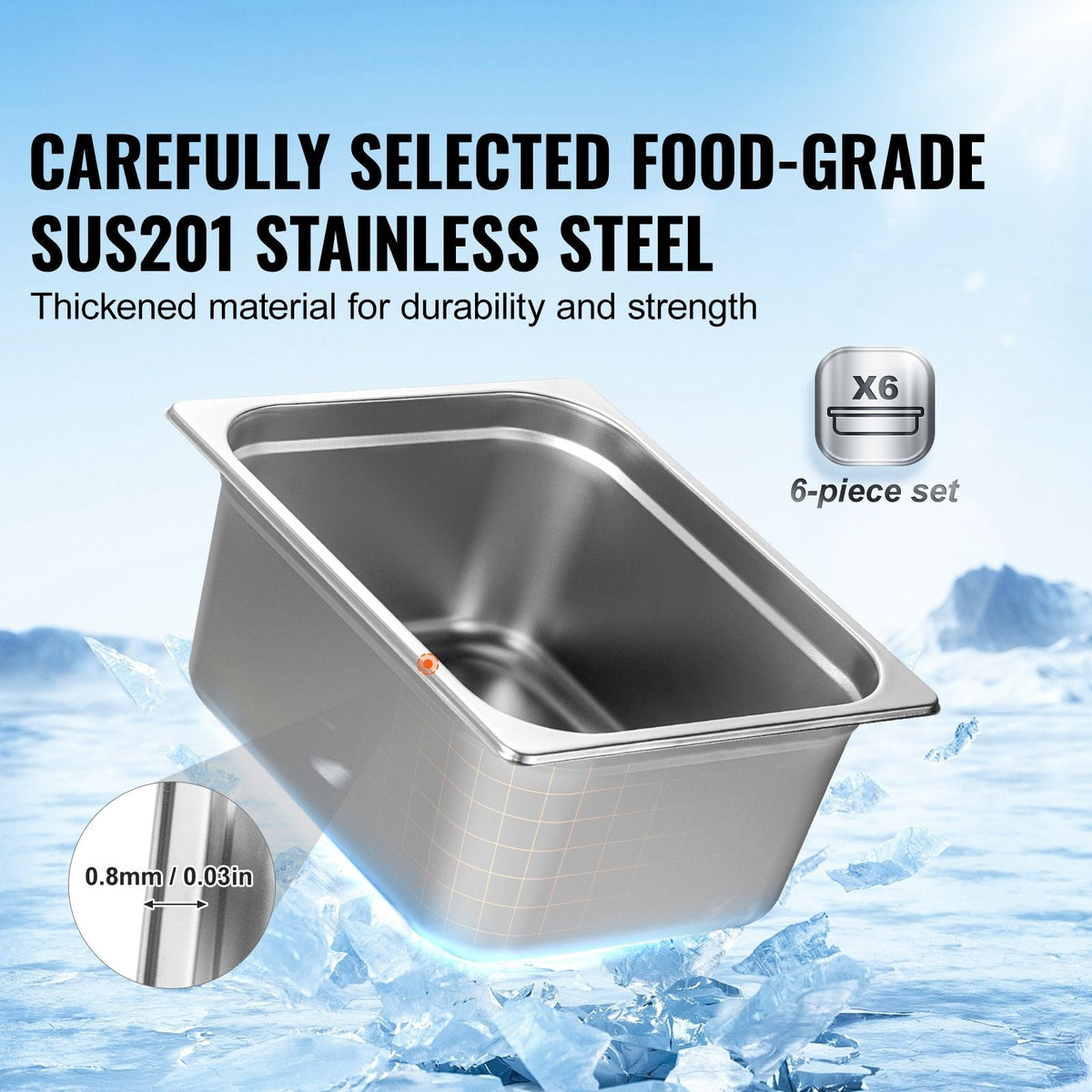 6 Pack Hotel Pans, 1/2 Size Anti-Jam Steam Pan, 0.8mm Thick Stainless Steel Restaurant Steam Table Pan, 6-Inch Deep Commercial Table Pan, Catering Storage Food Pan, for Industrial & Scientific