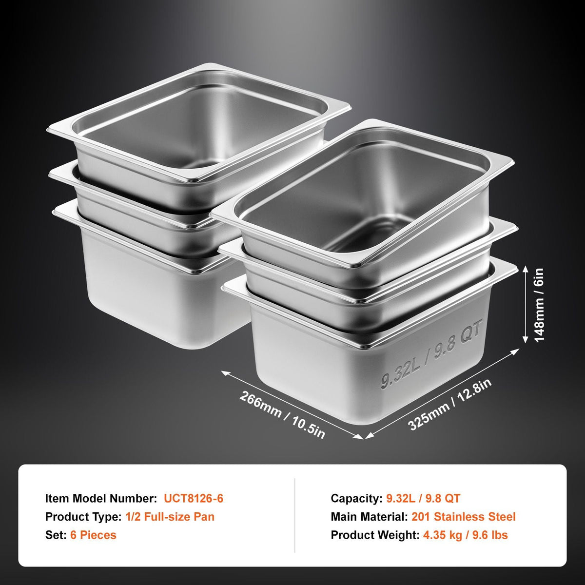 6 Pack Hotel Pans, 1/2 Size Anti-Jam Steam Pan, 0.8mm Thick Stainless Steel Restaurant Steam Table Pan, 6-Inch Deep Commercial Table Pan, Catering Storage Food Pan, for Industrial & Scientific