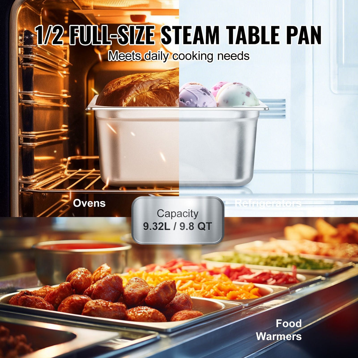 6 Pack Hotel Pans, 1/2 Size Anti-Jam Steam Pan, 0.8mm Thick Stainless Steel Restaurant Steam Table Pan, 6-Inch Deep Commercial Table Pan, Catering Storage Food Pan, for Industrial & Scientific