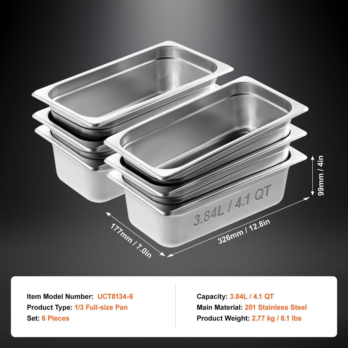 6 Pack Hotel Pans, 1/3 Size Anti-Jam Steam Pan, 0.8mm Thick Stainless Steel Restaurant Steam Table Pan, 4-Inch Deep Commercial Table Pan, Catering Storage Food Pan, for Industrial & Scientific