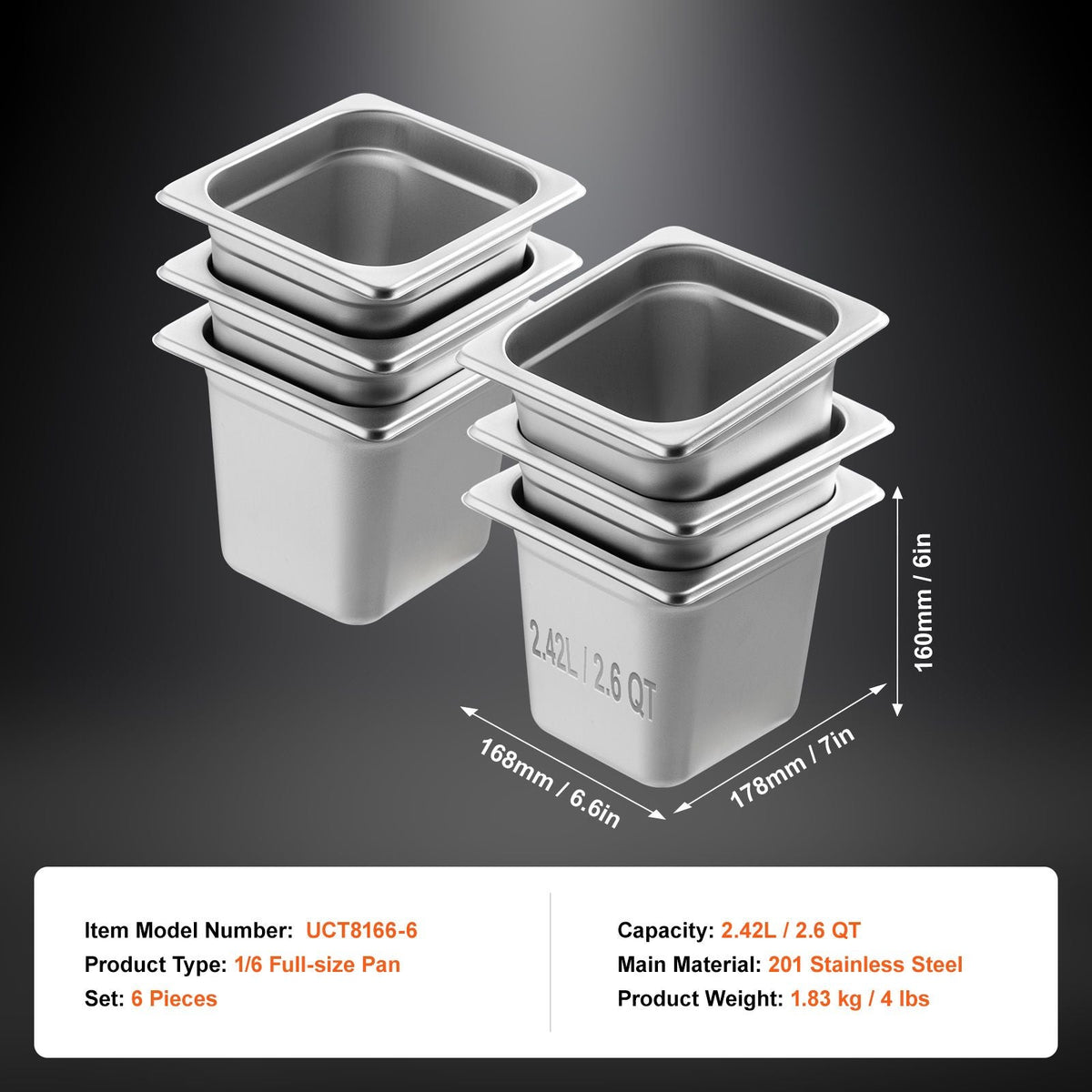 6 Pack Hotel Pans, 1/6 Size Anti-Jam Steam Pan, 0.8mm Thick Stainless Steel Restaurant Steam Table Pan, 6-Inch Deep Commercial Table Pan, Catering Storage Food Pan, for Industrial & Scientific