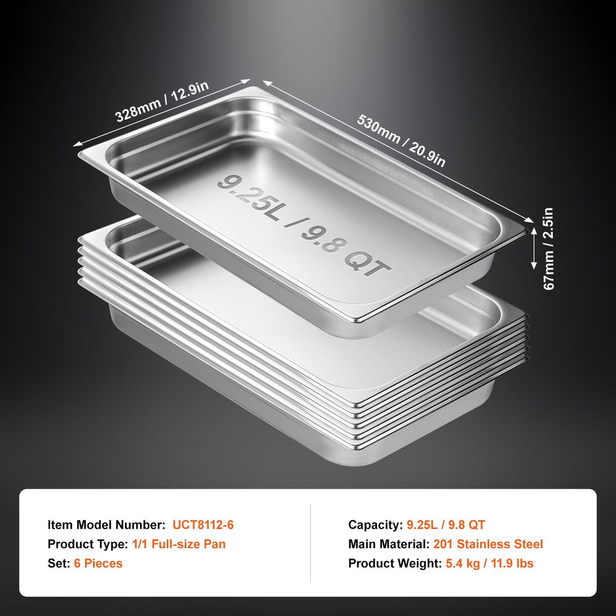 6 Pack Hotel Pans, Full Size Anti-Jam Steam Pan, 0.8mm Thick Stainless Steel Restaurant Steam Table Pan, 2.5-Inch Deep Commercial Table Pan, Catering Storage Food Pan, for Industrial & Scientifi